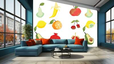 Rotten fruits vs fresh fruits, food waste vector set. Spoiled and molded apple, banana, avocado and strawberry icons. Wall mural