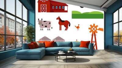 Rural design elements set. Livestock animals - cow, horse and chicken on green countryside landscape field, hay stack and ranch building house, agriculture facilities such as windmill adn water tower Wall mural