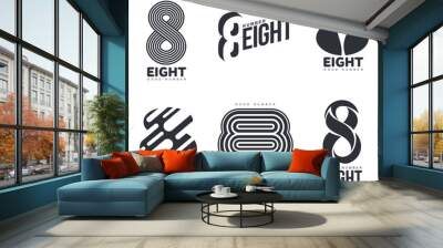 set of black and white number eight logo templates, vector illustrations isolated on white backgroun Wall mural