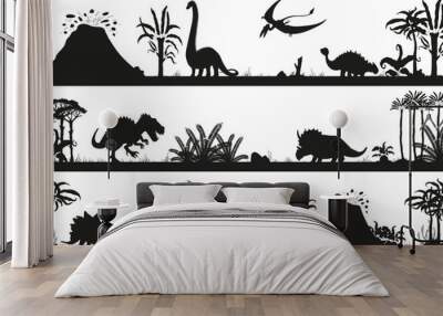 Set of black silhouette scenes with different dinosaurs flat style Wall mural