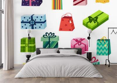 Set of colourful round and square gift, present boxes and shopping bags, flat cartoon vector illustration isolated on white background. Collection of gift, present boxes in colourful wrapping paper Wall mural