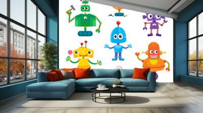 Set of cute and funny colorful robot characters, cartoon vector illustration isolated on white background. Cartoon style set of funny colorful robot toys, aliens, androids Wall mural