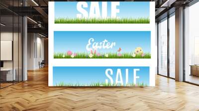 Set of horizontal grass borders about Easter and sale, vector illustration Wall mural