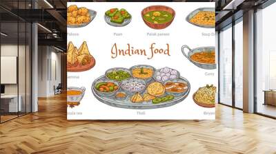 Set of indian food colorful icons in hand drawn engraved style vector illustration isolated on white background. Indian cuisine traditional dishes and drinks. Wall mural