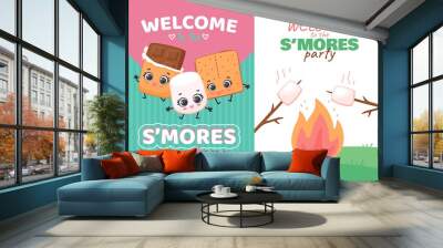 Set of invitations for Smores Day party kawaii sweets flat vector illustration. Wall mural