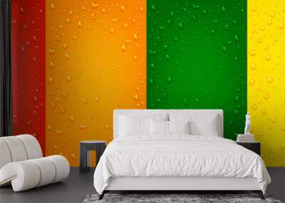 Set of liquid realistic 3d water drops on red, orange, yellow, green backgrounds. Wall mural