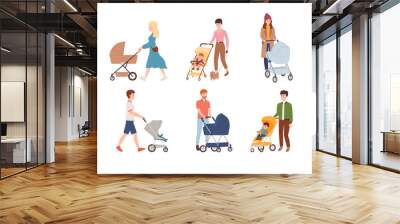 Set of people pushing baby stroller, flat vector illustration isolated on white background. Wall mural