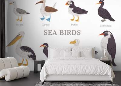 Set of vector illustrations of sea birds with titles in hand drawn design style, isolated on white background Wall mural