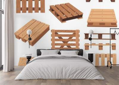 Set of wooden pallets for cargo transportation, vector flat illustration on a white background. Wall mural