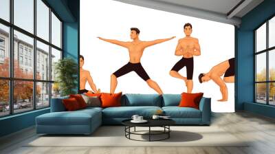 Set with handsome young man in various poses of yoga, cartoon style vector illustration isolated on white background. Fit and strong young man doing yoga, collection of asanas, healthy lifestyle Wall mural