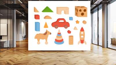 Set wooden toys icons made of natural wood, flat vector illustration isolated. Wall mural