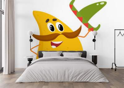 Smiling nachos with thick moustache and Mexican sombrero, cartoon vector illustration isolated on white background. Humanized Mexican nachos with large whiskers, raising sombrero in greeting Wall mural