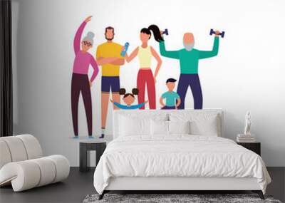 Sport family group of various generations, flat vector illustration isolated. Wall mural