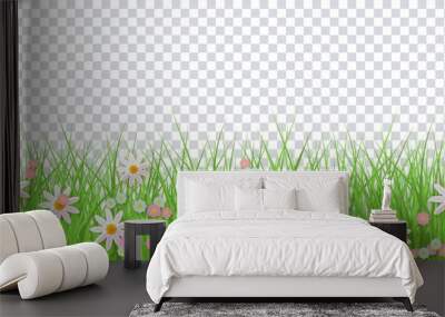 Spring border with green grass and flowers on transparent background - greeting card decoration element for Easter congratulation or poster. Cartoon vector illustration. Wall mural