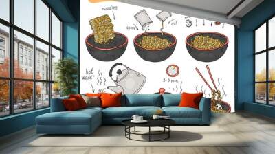 Step-by-step instructions for the recipe of instant noodles. Vector cartoon hand drawn illustration of how to cook noodles. Wall mural