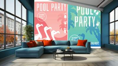 Summer pool party poster set with cartoon children and flamingo birds Wall mural