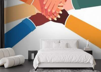 Team work poster template with cartoon people joining hands together Wall mural