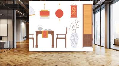 Traditional interior chinese restaurant in asian style a vector illustration Wall mural