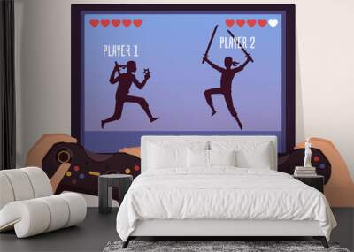 Two player fight game screen and hands holding gaming joysticks Wall mural