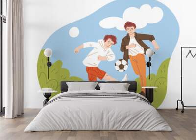 Two young men play football, vector illustration isolated on white Wall mural