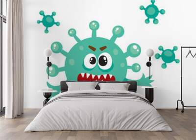 Ugly green virus, germ, bacteria character with human face, cartoon vector illustration on white background. Scary bacteria, virus, germ monster with human face and sharp teeth Wall mural