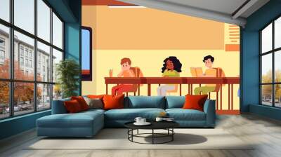 Vector cartoon illustration of a remote online school or e-education for kids. Wall mural