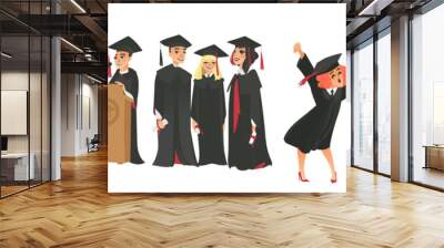 vector flat college, university graduates scenes set. Boy standing hugging parents, friends in graduation gown, caps standing smiling holding diplomas celebrating, dancing. Isolated illustration. Wall mural