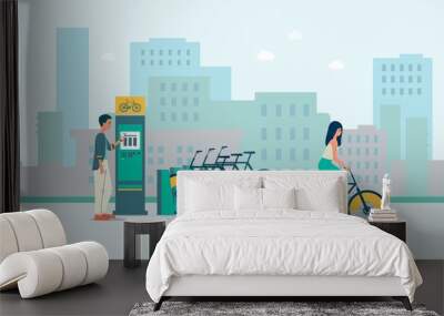 Vector flat illustration of a public city Bicycle rental service. Wall mural