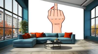 Vector illustration of female hand showing rude Fuck you gesture in sketch style isolated on white background. Hand drawn woman wrist with manicure and red nail polish with middle finger raised. Wall mural