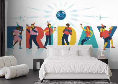 Vector illustration of friday party invitation or banner with big word and young cheerful people with cocktails and food dancing, having fun and singing karaoke under disco ball isolated on white. Wall mural