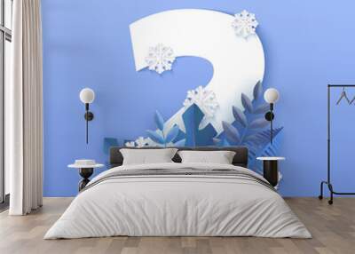 Vector illustration of number two winter natural design in paper art style with white numeral 2 surrounded by blue tree leaves and falling snowflakes isolated on gradient background. Wall mural