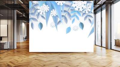 Vector illustration of winter natural border frame with blue tree leaves and white snowflakes in paper art style isolated on white background - decorative element for floral seasonal banner. Wall mural