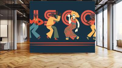 Vector illustration set of disco dancing people with retro clothes and hairstyles in flat cartoon style isolated on dark background with sign. Party or nightclub dancers in 70s fashion style. Wall mural