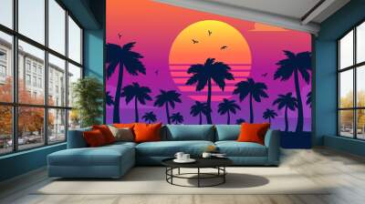 Vector purple sunset on background of palm silhouettes. California beach, summer vacation backdrop for design. Tropical sunset scene for travelling design. Wall mural