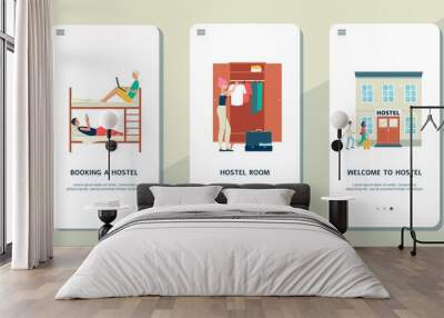 Vector set of mobile phone screens with app for choosing and booking hostel Wall mural