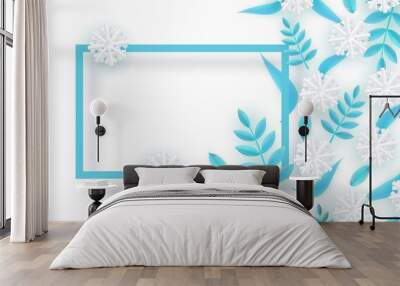 Vector winter background template with abstract fresh green leaves and snowflakes with rectangle frame. New year, christmas holidays wallpaper, layout with seasonal florals and icy snow. Wall mural