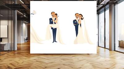 Wedding couple set, bride and groom, hugging, kissing, celebrating, cartoon vector illustration isolated on white background. Wedding couple, hugging and kissing, throwing flowers, being happy Wall mural