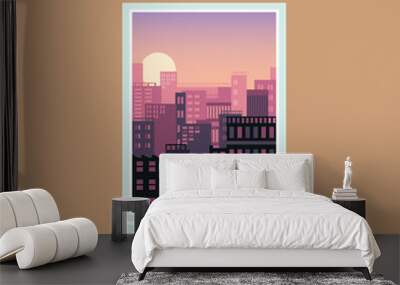 Window view of sunset over modern city, urban architecture and house exteriors seen from inside a room Wall mural