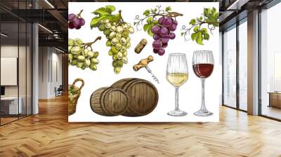 Winery icons bundle with grape and vine, sketch vector illustration isolated. Wall mural