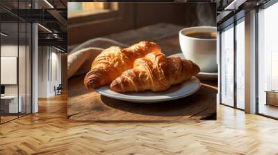 A Cozy Morning Scene With A Buttery Croissant, Jam, And A Steaming Cup Of Coffee, All On A Rustic Table, Food Image Wall mural