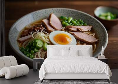 A Steaming Bowl Of Ramen With Rich Broth, Noodles, Sliced Pork, Soft-boiled Egg, And Green Onions, Food Image Wall mural