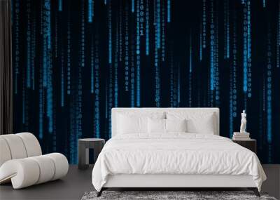 Abstract graphic background - blue rain of binary digits on black background - 3D Illustration Wall mural