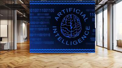 Brain symbol centered in artificial intelligence lettering on blue binary code background - symbolic of AI artificial intelligence - 3D illustration Wall mural