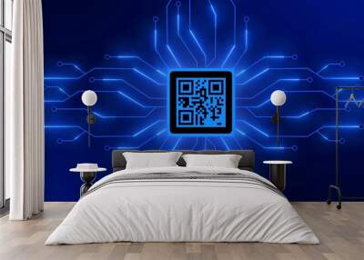 Image of QR code between information connecting lines in the middle on futuristic digital circuit technology background - 3D Illustration Wall mural