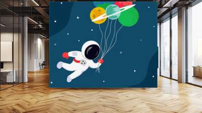 Astronaut floating with planets like balloons in cute flat cartoon style. Vector illustration for kids birthday party 5x7 invitation card design, poster, copy space for your text. Wall mural