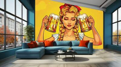 comic pop art style, a beautiful blonde woman in traditional German dress holding two beer mugs with foam on her hands. Oktoberfest celebration, in the cartoon comic book style, yellow background Wall mural