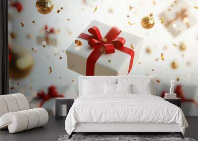 flying white gift boxes with red ribbon bows and golden Christmas ornaments on a light background. New Year, birthday, or Christmas concept. Mockup for product presentation Wall mural