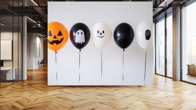 Halloween balloons on a white background: orange balloon with a jack-o'-lantern face, black and grey ghostly faces, pure-white balloon. Halloween party decoration or greeting card design. Wall mural