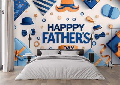 Happy father's day banner with blue gift boxes, mustache and tie on striped background, illustration of happy birthday or card template for man poster design  Wall mural