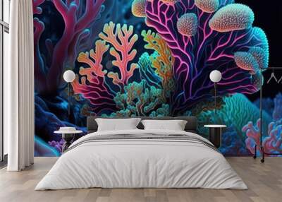 Glowing coral reef at night, beautiful colorful corals, aquatic plants, generative ai, black background Wall mural